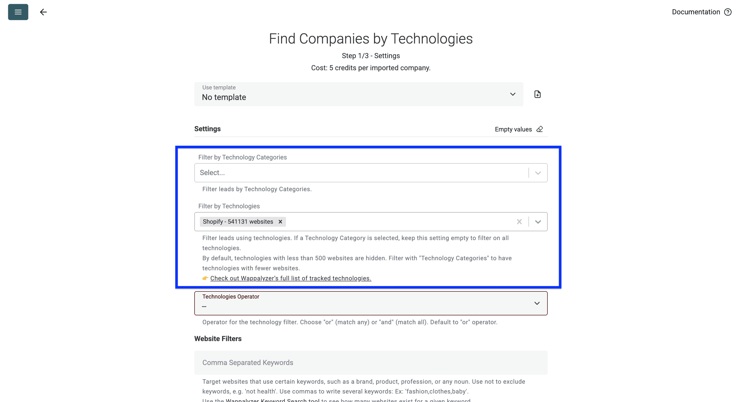 DatablistのTechnology Finder:Technology filter