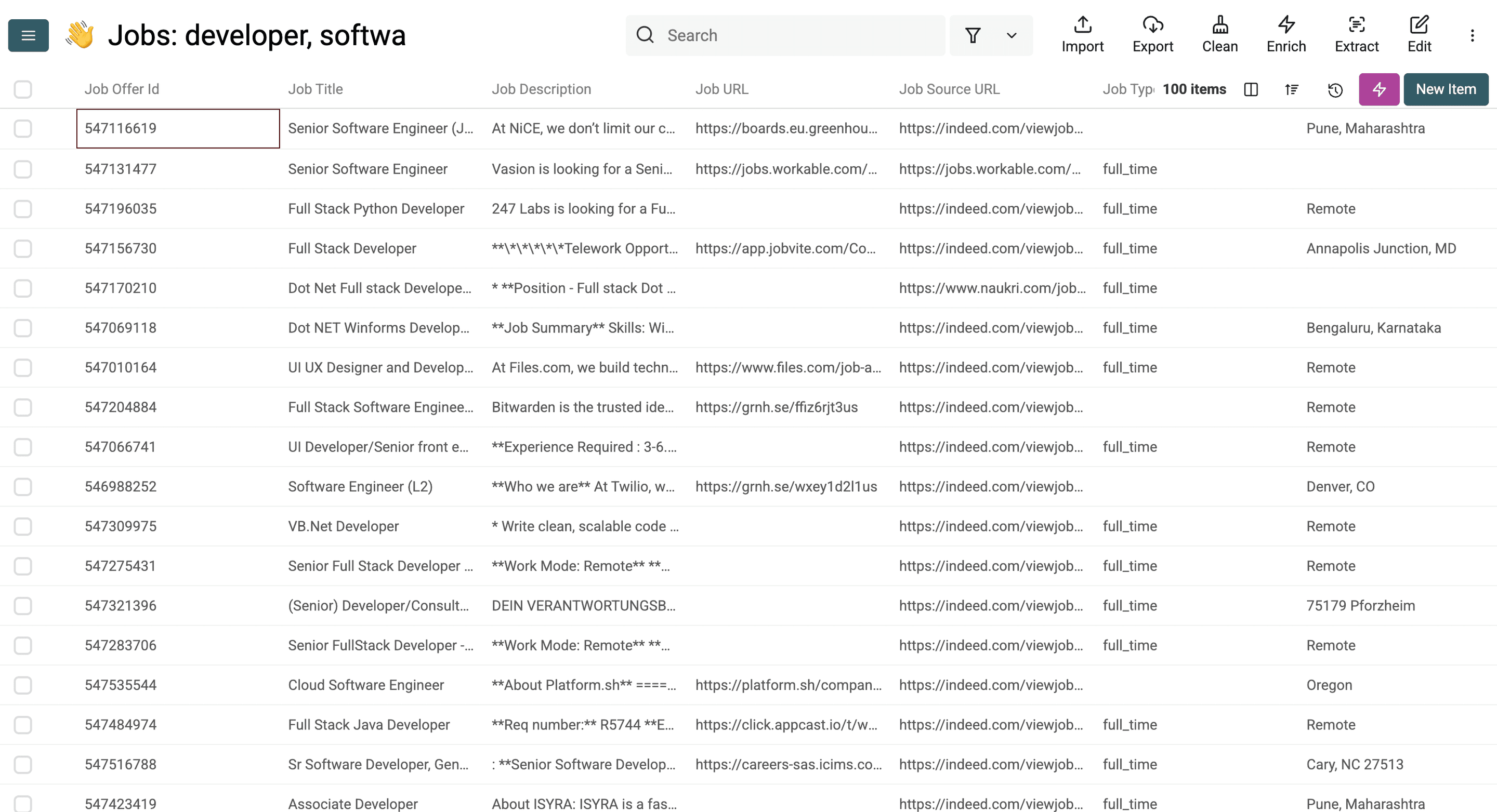 Resultados obtidos com o scraper de job boards do Datablist