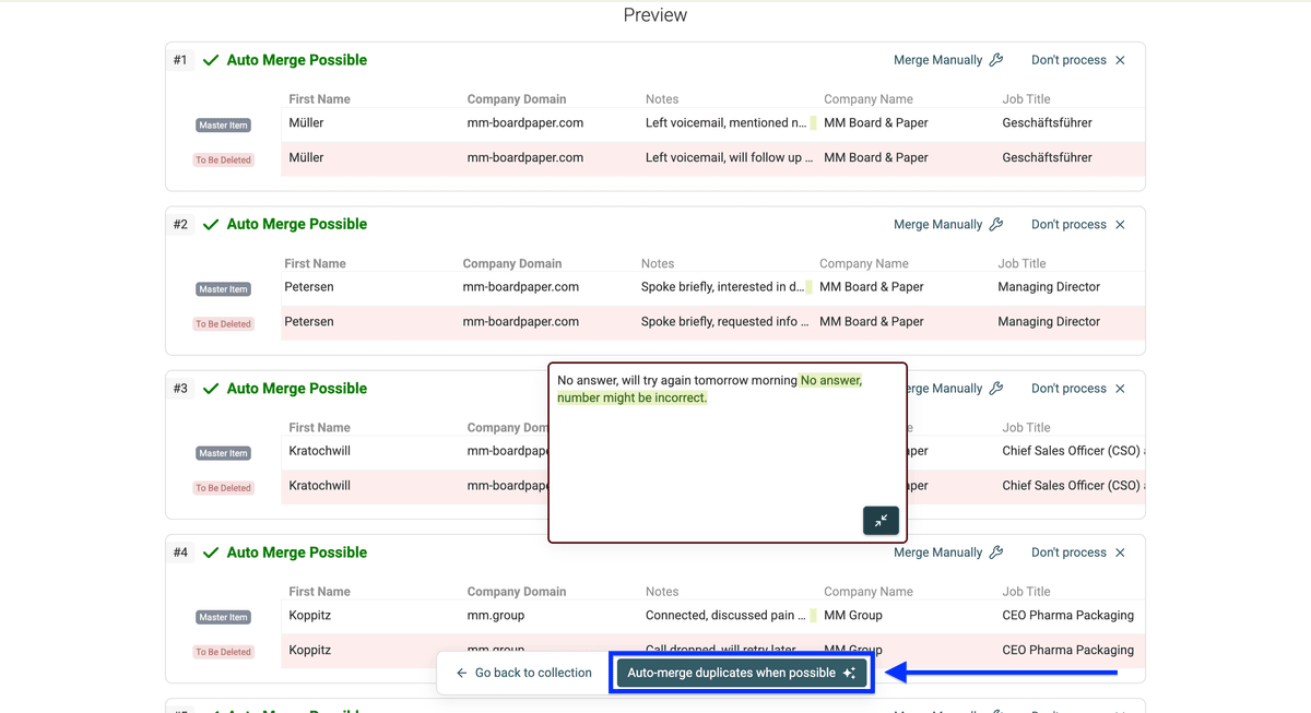 Vista previa de fusión para deduplicación por columnas en Datablist