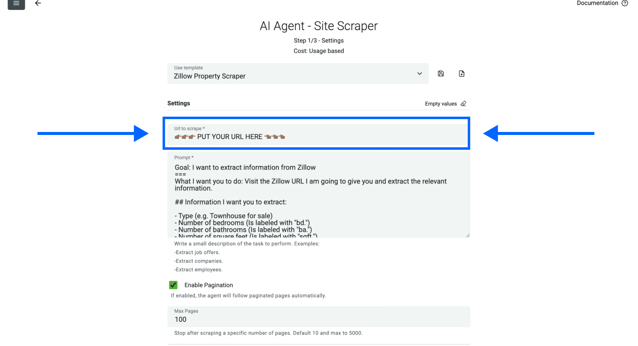 Zillow Property ScraperのURL入力欄