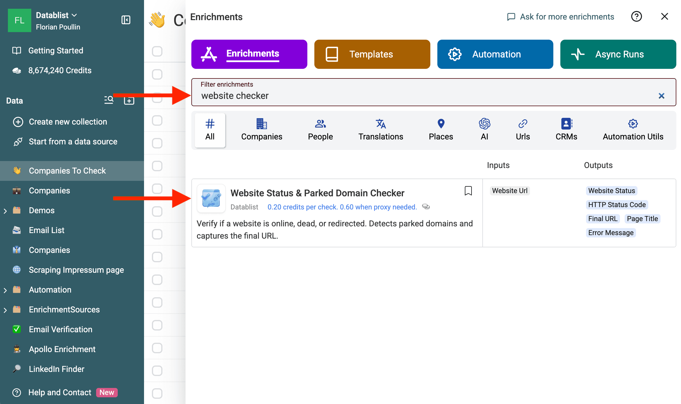 Website Status and Parked Domain Checker Enrichmentを開く