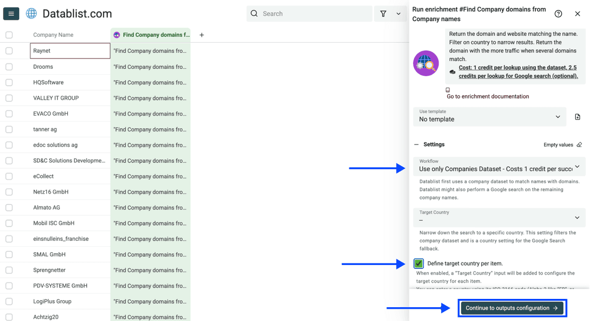 Three Methods Find Websites From Company Names - Enrichment Settings