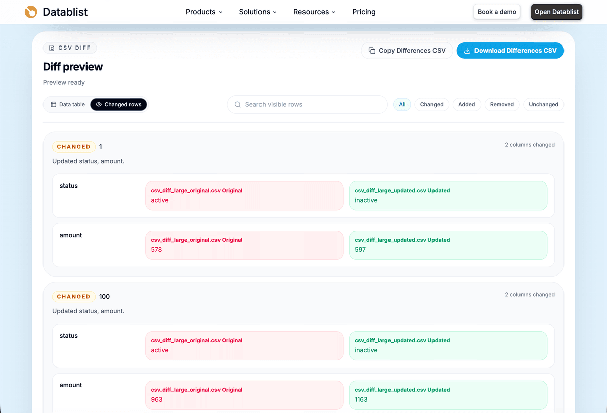 CSV Diff changed rows view showing original and updated cell values side by side
