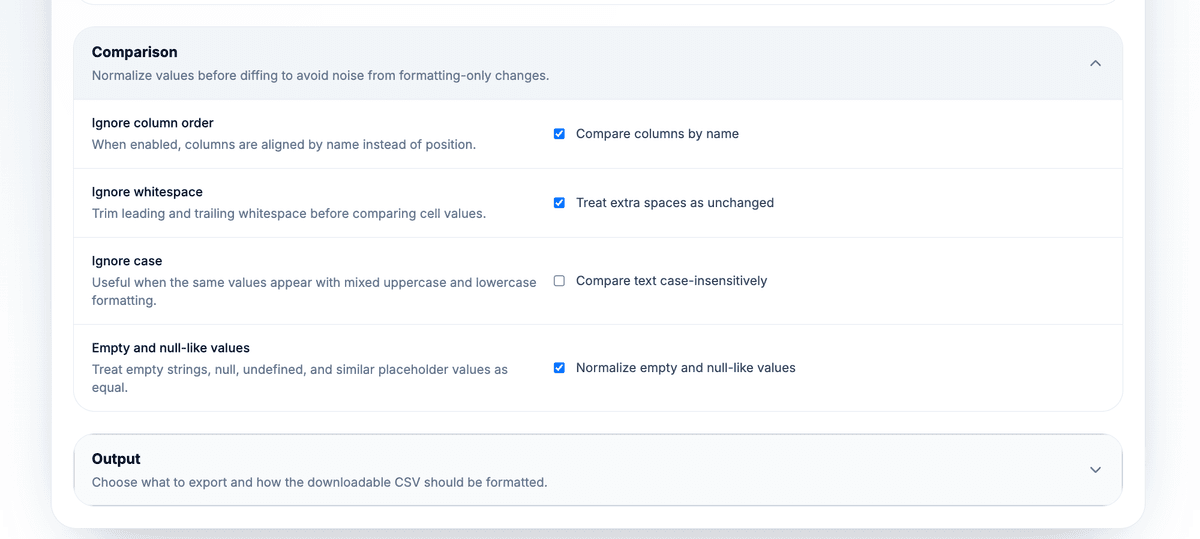 CSV Diff comparison settings for column order, whitespace, case, and null-like value normalization