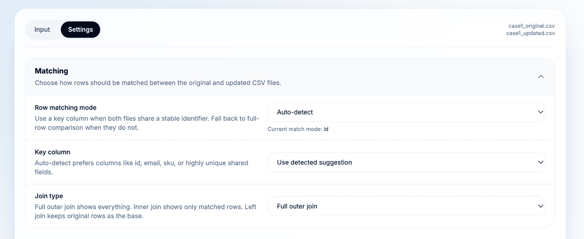 CSV Diff matching settings with auto-detect row matching and full outer join