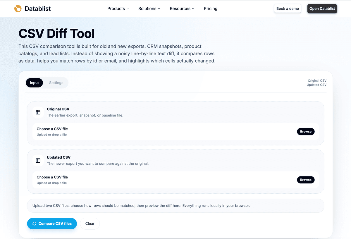 CSV Diff tool upload screen with Original CSV and Updated CSV file inputs
