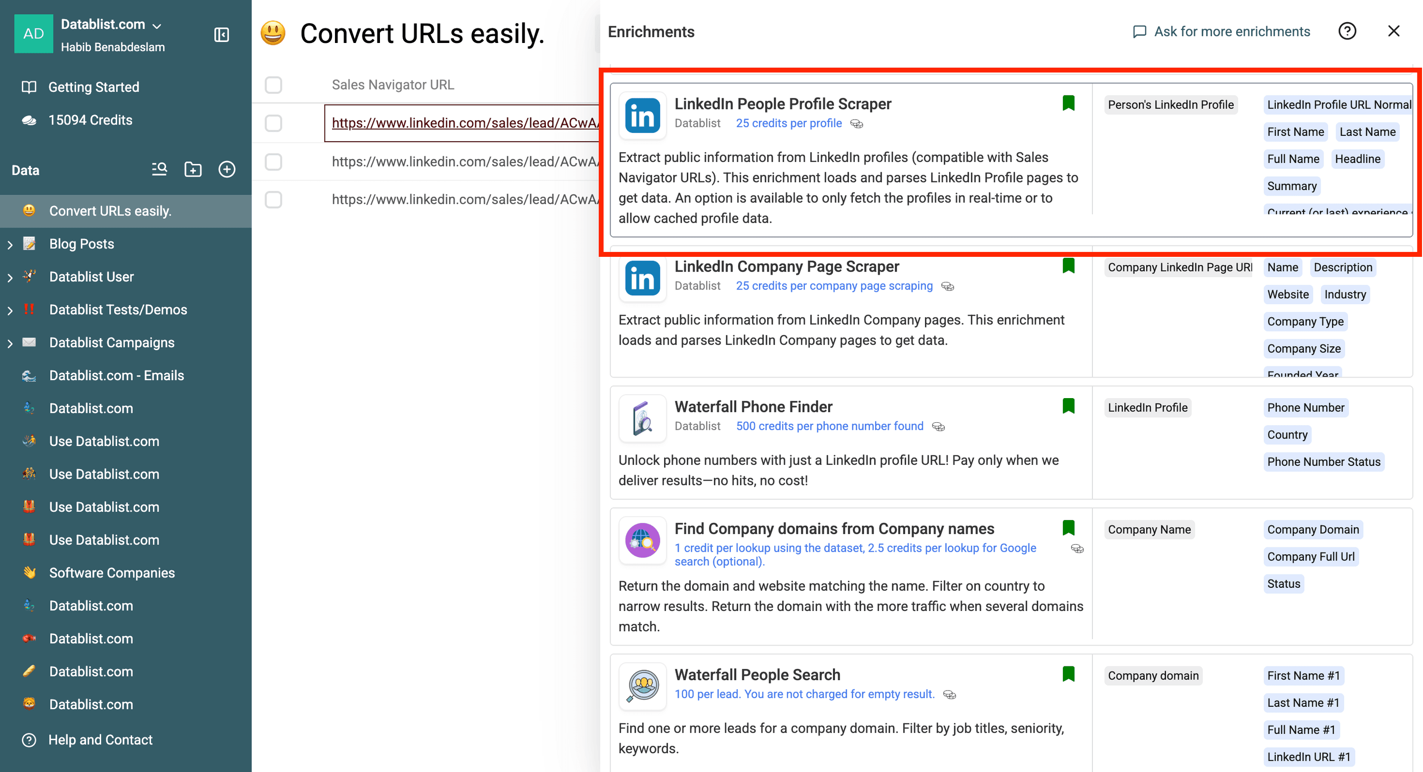 DatablistのLinkedIn Profile Scraper