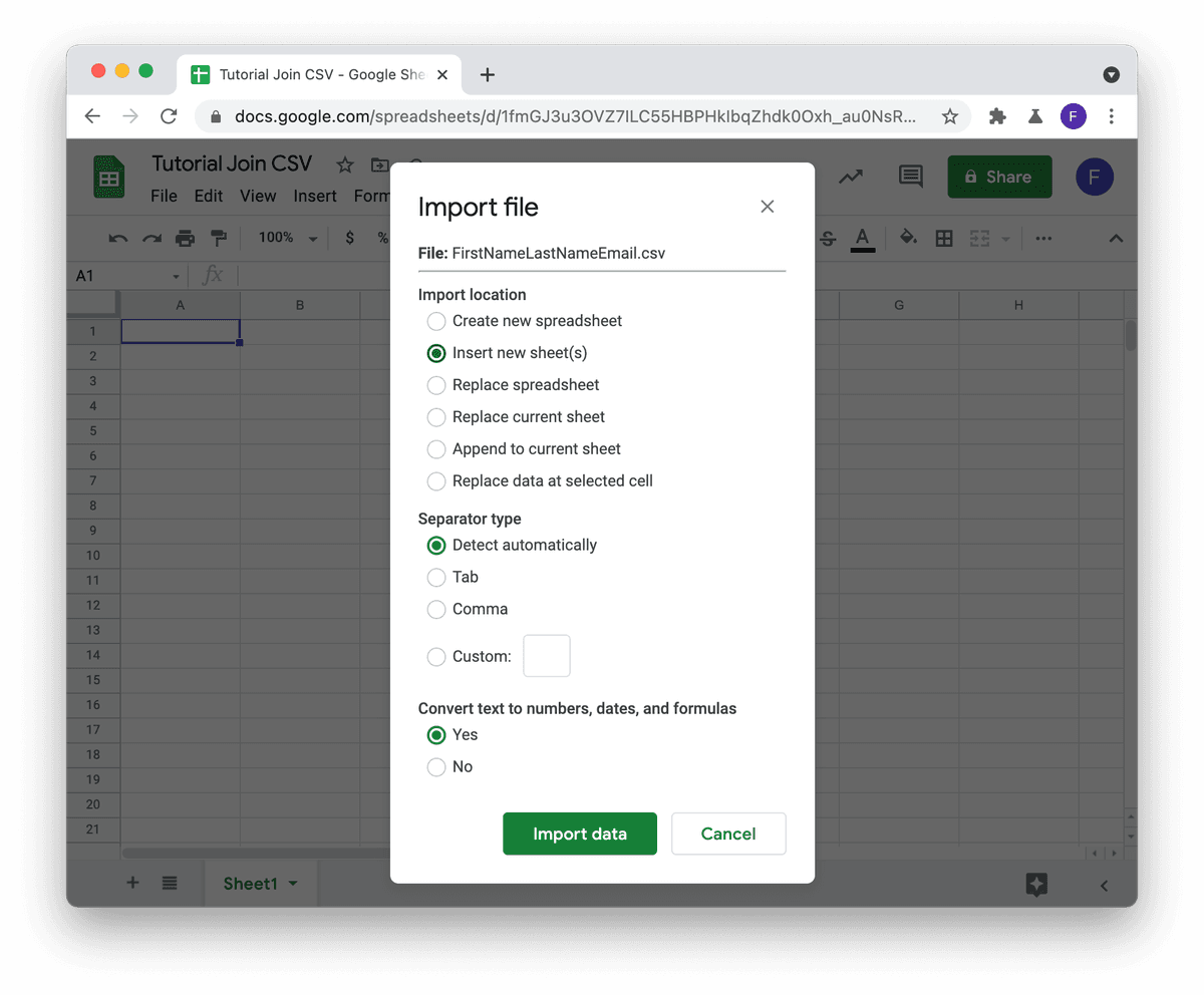 Carica un file CSV in Google Sheets