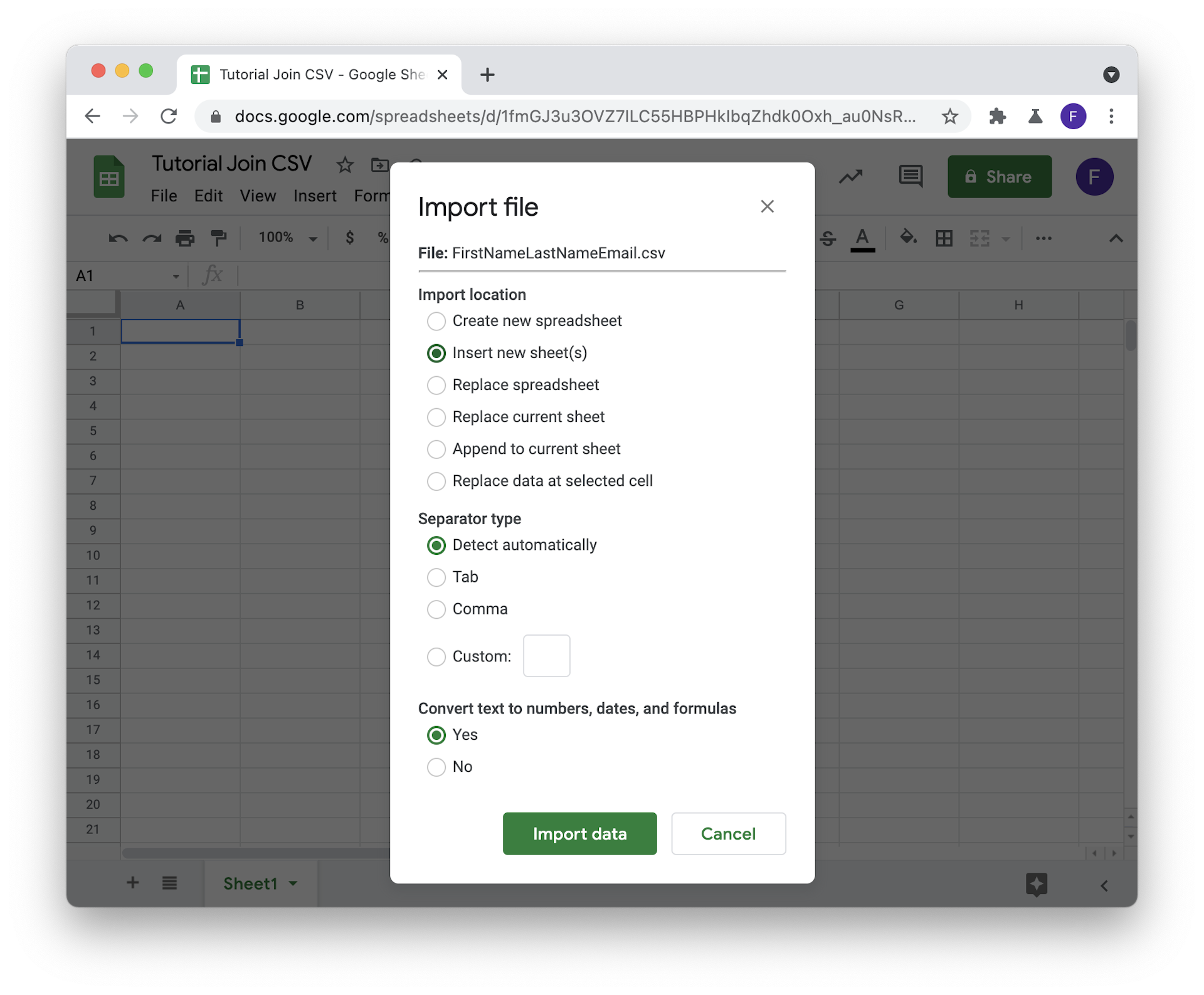 Load a CSV file in Google Sheets