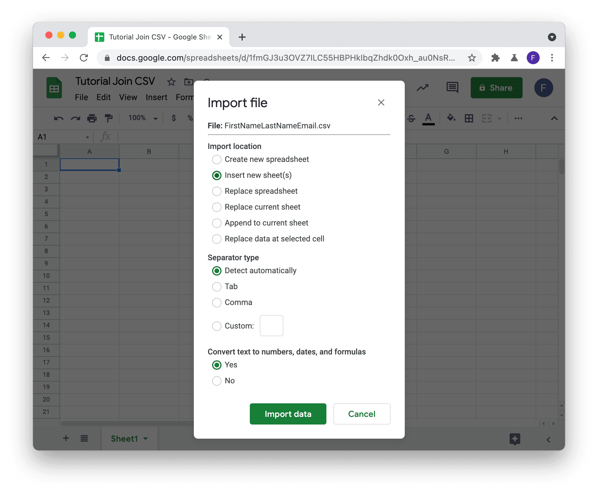 Carregue um arquivo CSV no Google Sheets