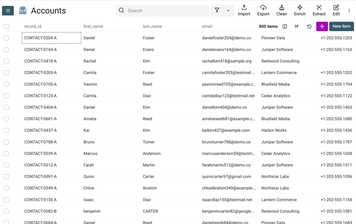 The cleaned Accounts collection showing 800 remaining rows
