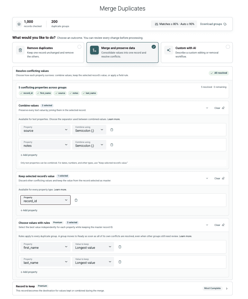 Merge rules configured to keep a master record and combine source and notes