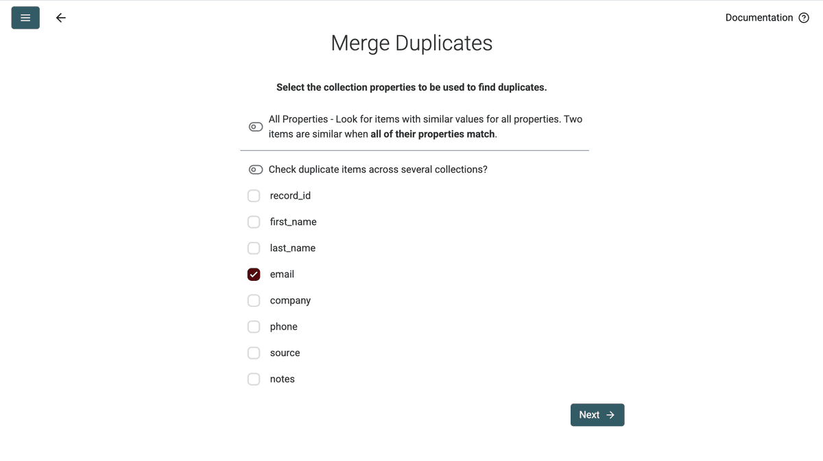 The email property selected as the field used to find duplicate contacts