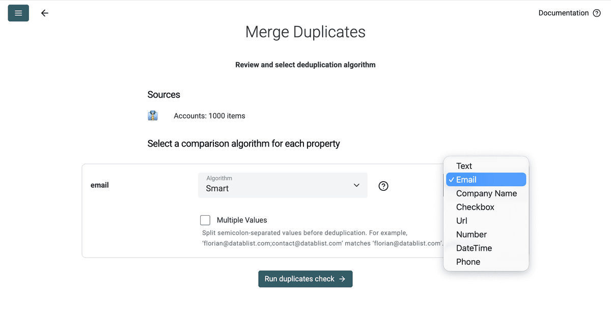 Smart comparison configured with the Email processor