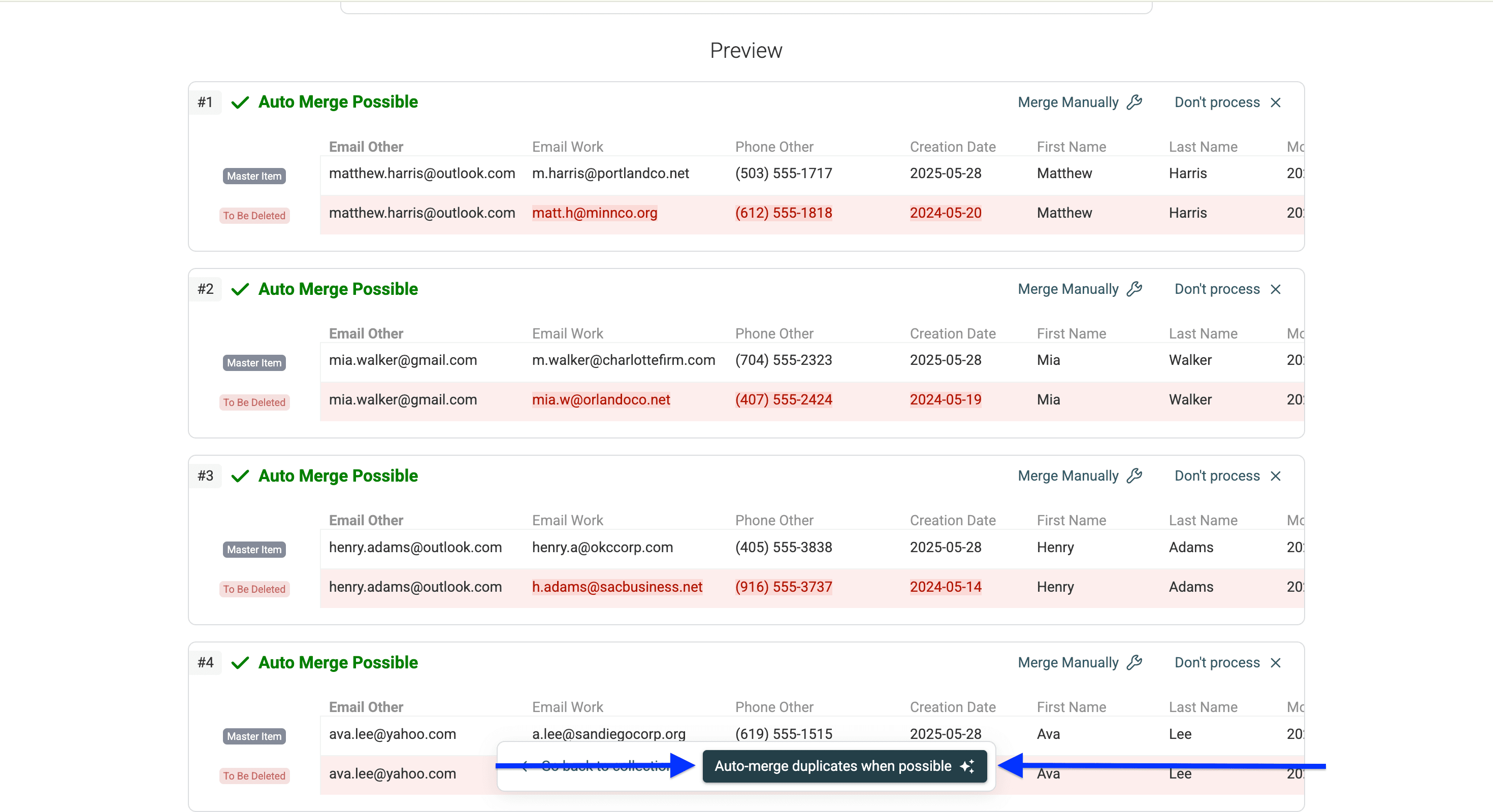 Auto Merge preview for Apple contacts in Datablist’s deduplication suite