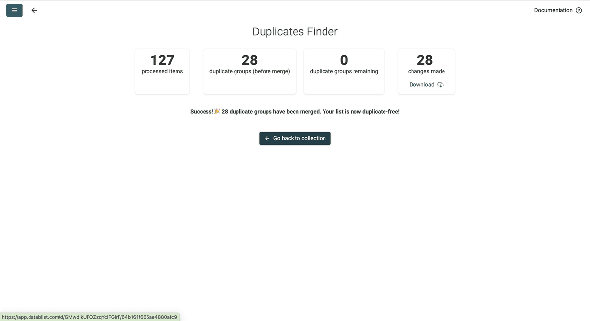 Notification de succès pour la déduplication dans Datablist