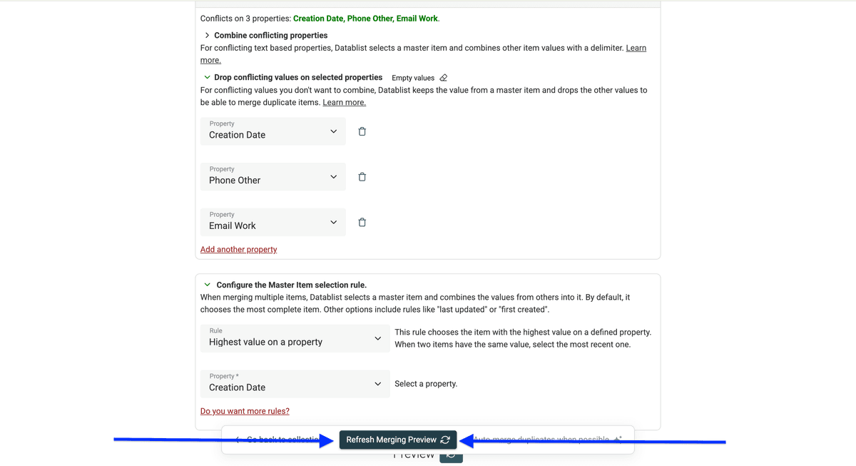 Réglages du dédoublonnage configurés pour contacts Apple dans Datablist