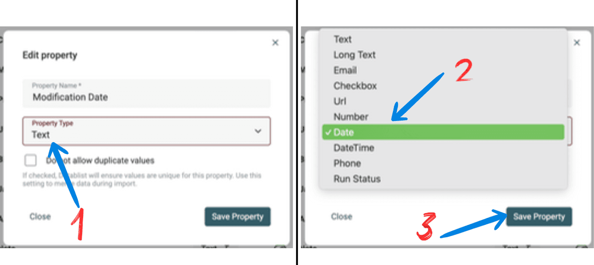 Modifier le type de propriété dans Datablist