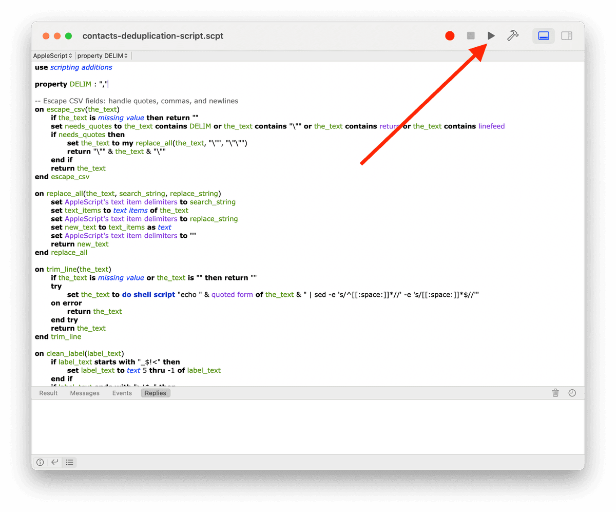 Ouverture du script pour exporter les métadonnées de contacts