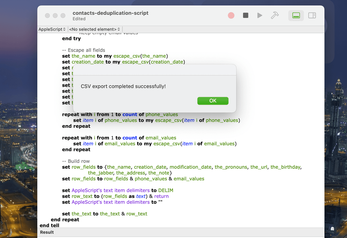 Notification de succès export contacts
