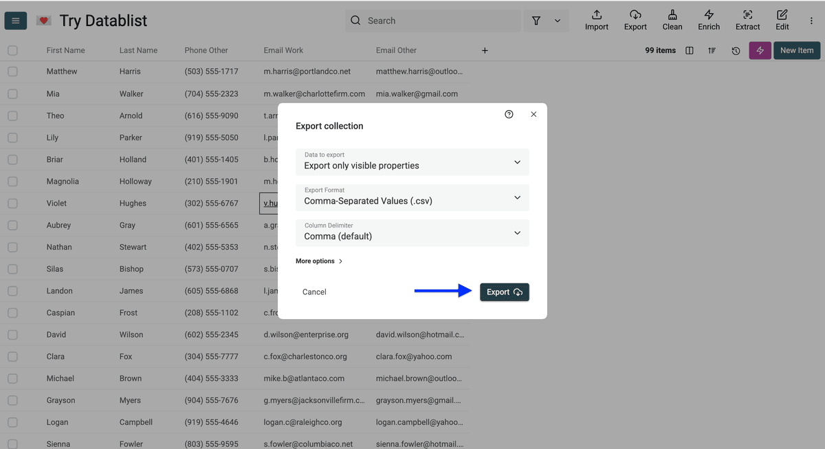Dernier clic avant d’exporter vos contacts depuis Datablist