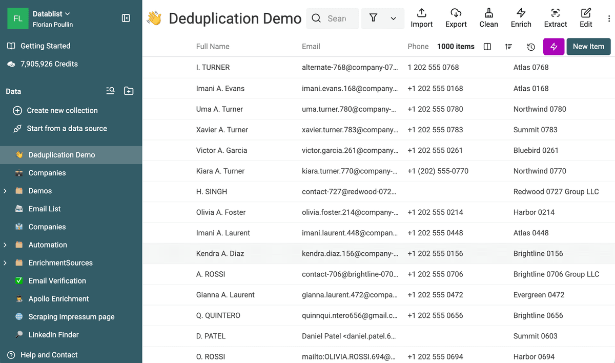 The imported Deduplication Demo collection with 1,000 items