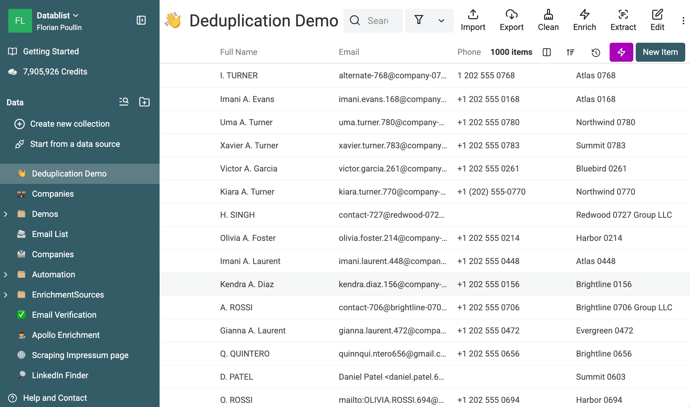 インポートされた1,000件のDeduplication Demo collection