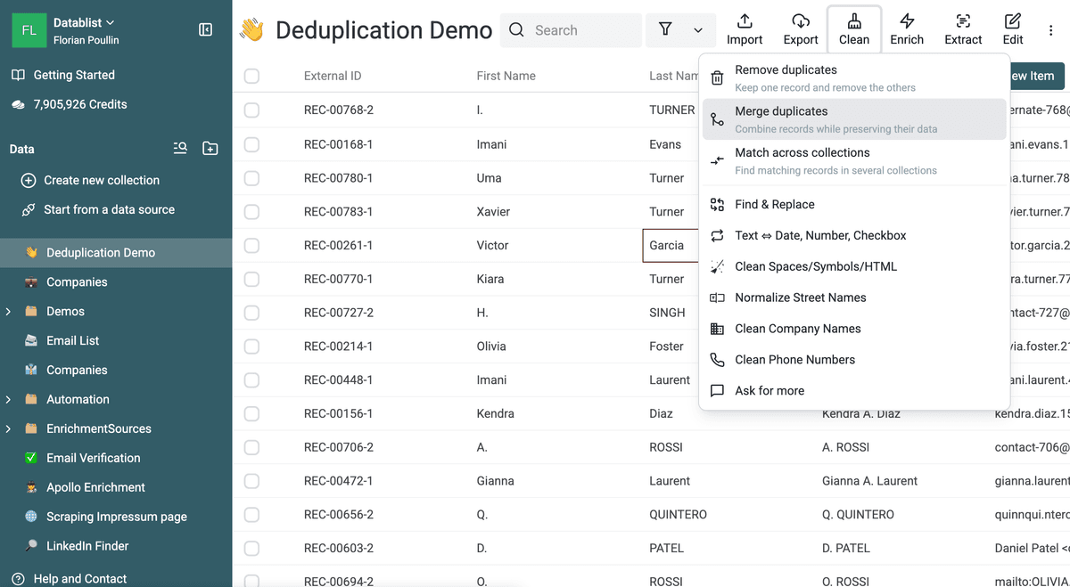 The Clean menu with Remove duplicates, Merge duplicates, and Match across collections