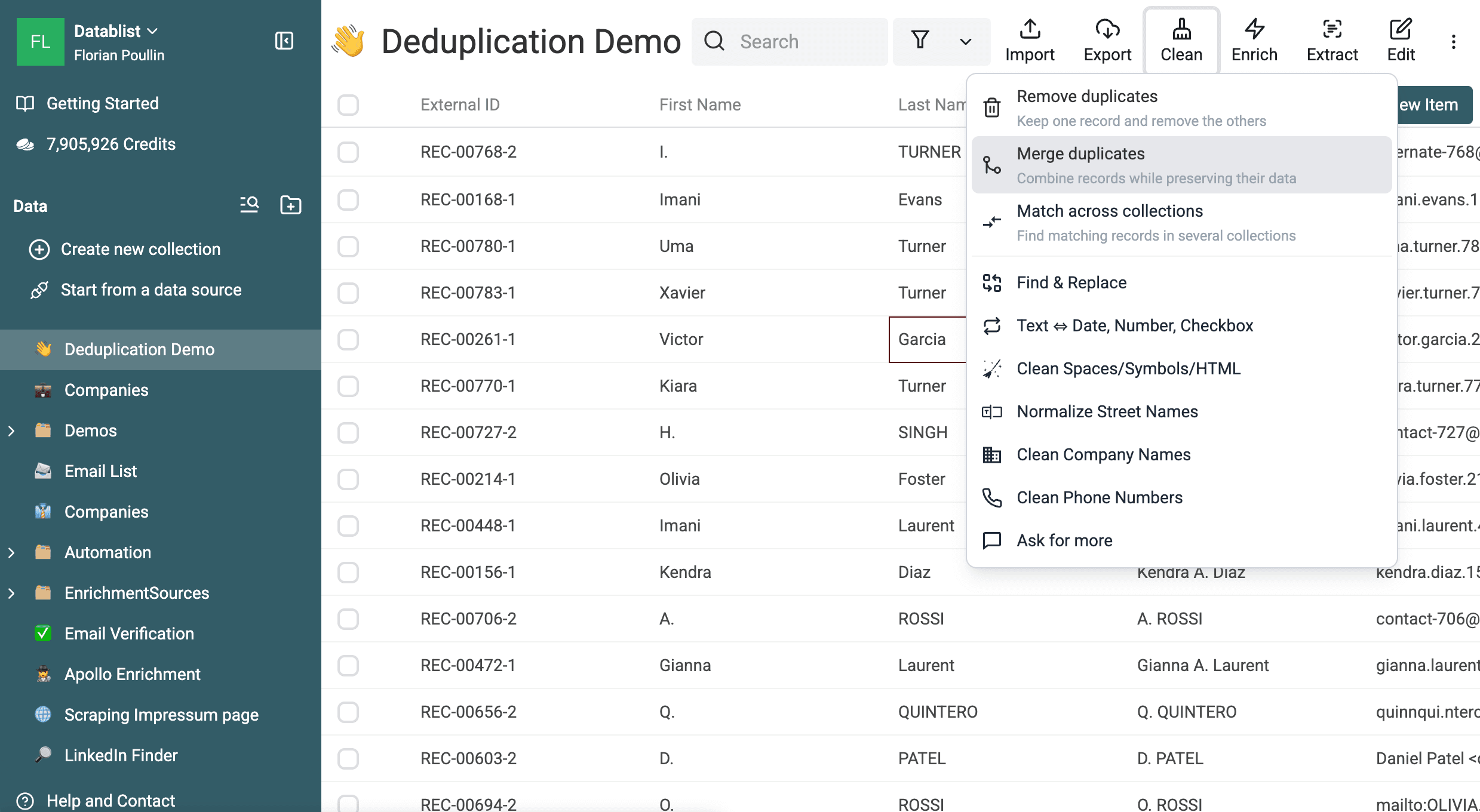 Remove duplicates、Merge duplicates、Match across collectionsが表示されたCleanメニュー