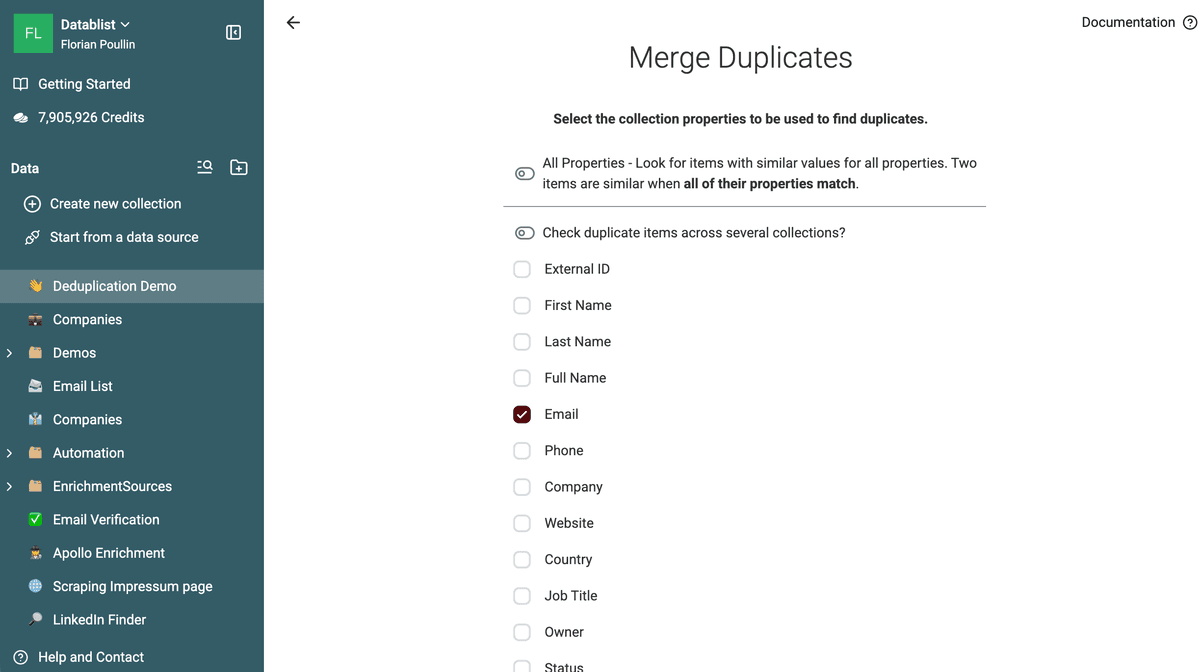 Selected Properties configured with the Email property