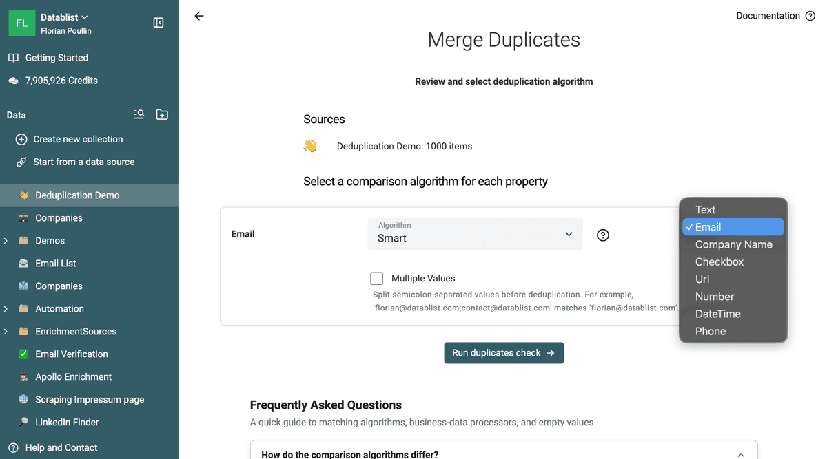 Smart matching configured with the Email processor