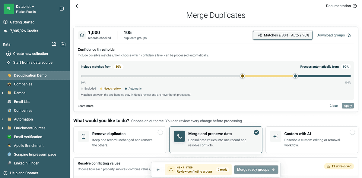 Duplicate results with inclusion and automatic-processing thresholds plus Ready and Needs review groups