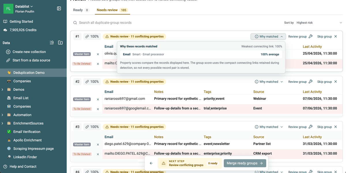 The Why matched panel explaining why two email records belong to one duplicate group