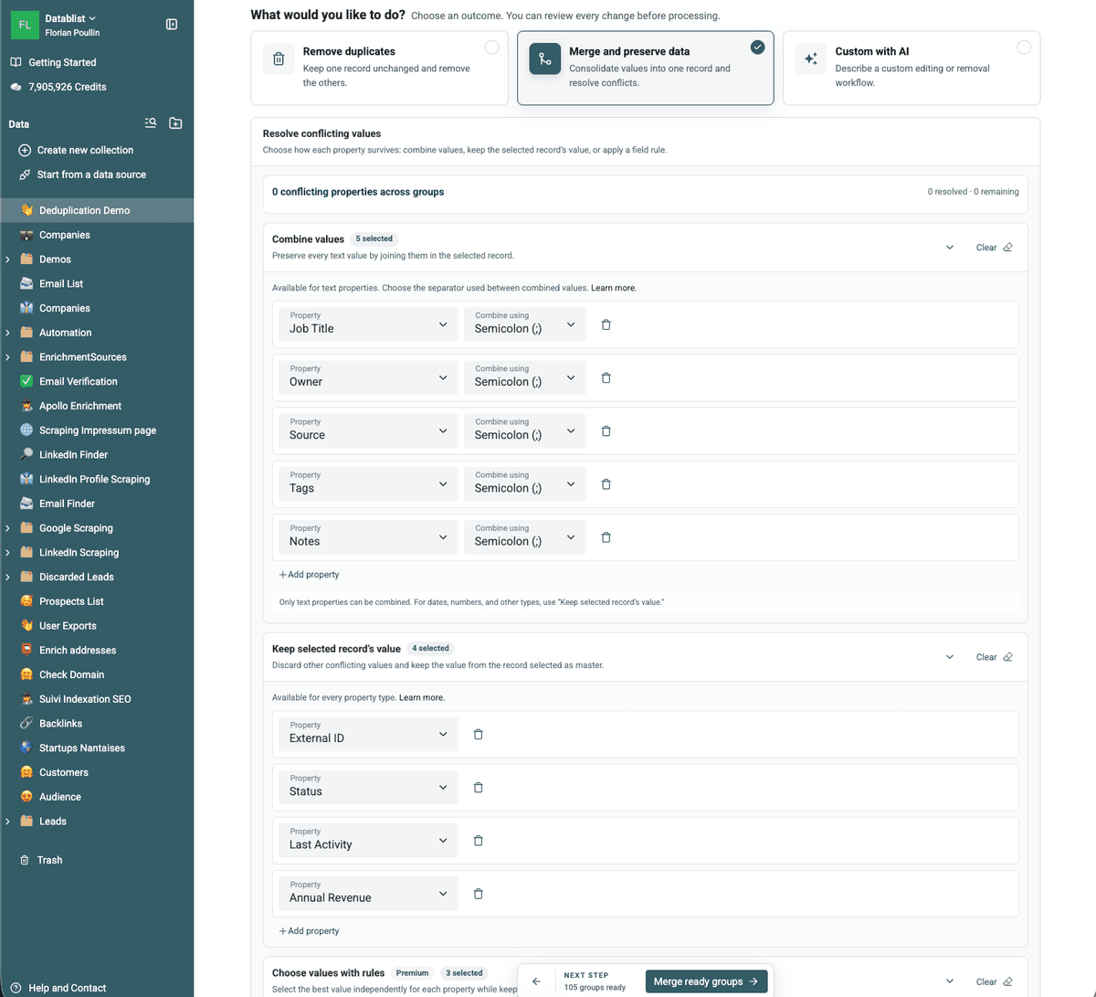 Merge and preserve data with options for conflicting property values