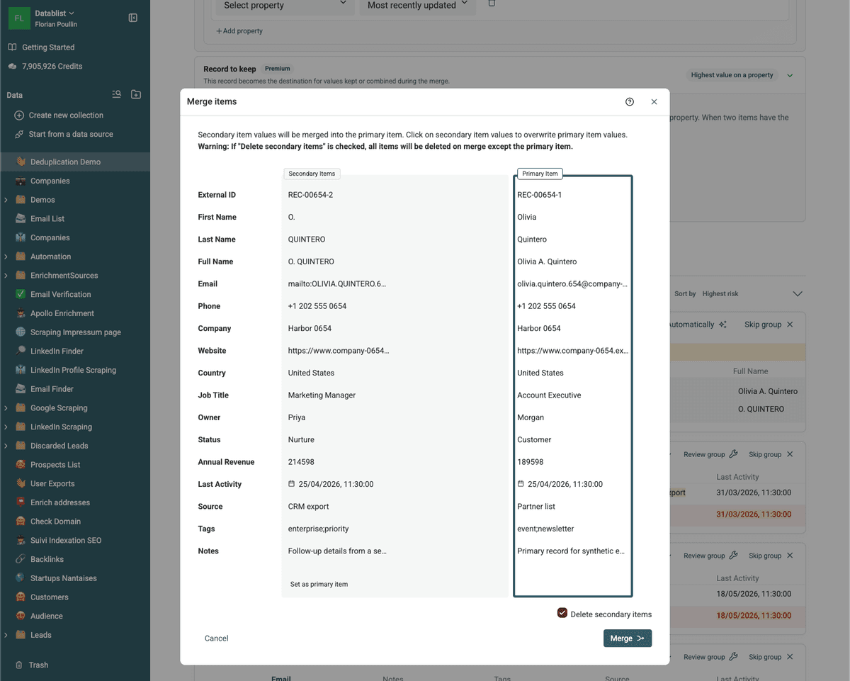 Manual duplicate-group review with records and conflicting values side by side