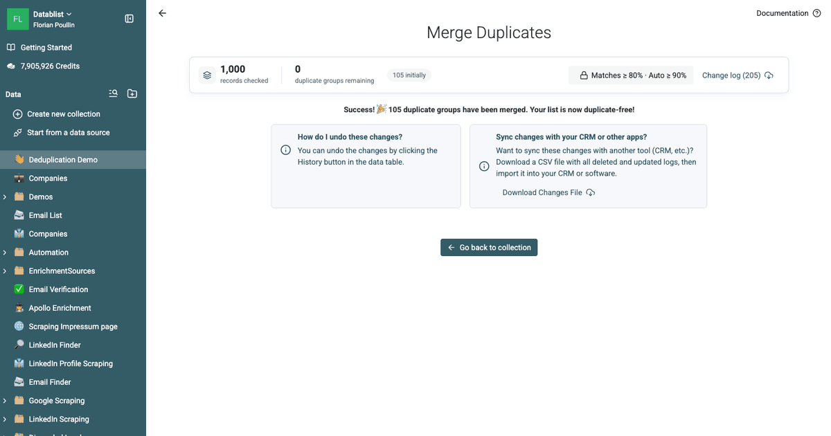 A completed merge with the option to download the duplicate change log