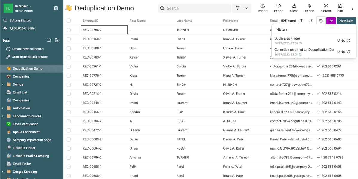 Collection History showing the reversible duplicate merge operation
