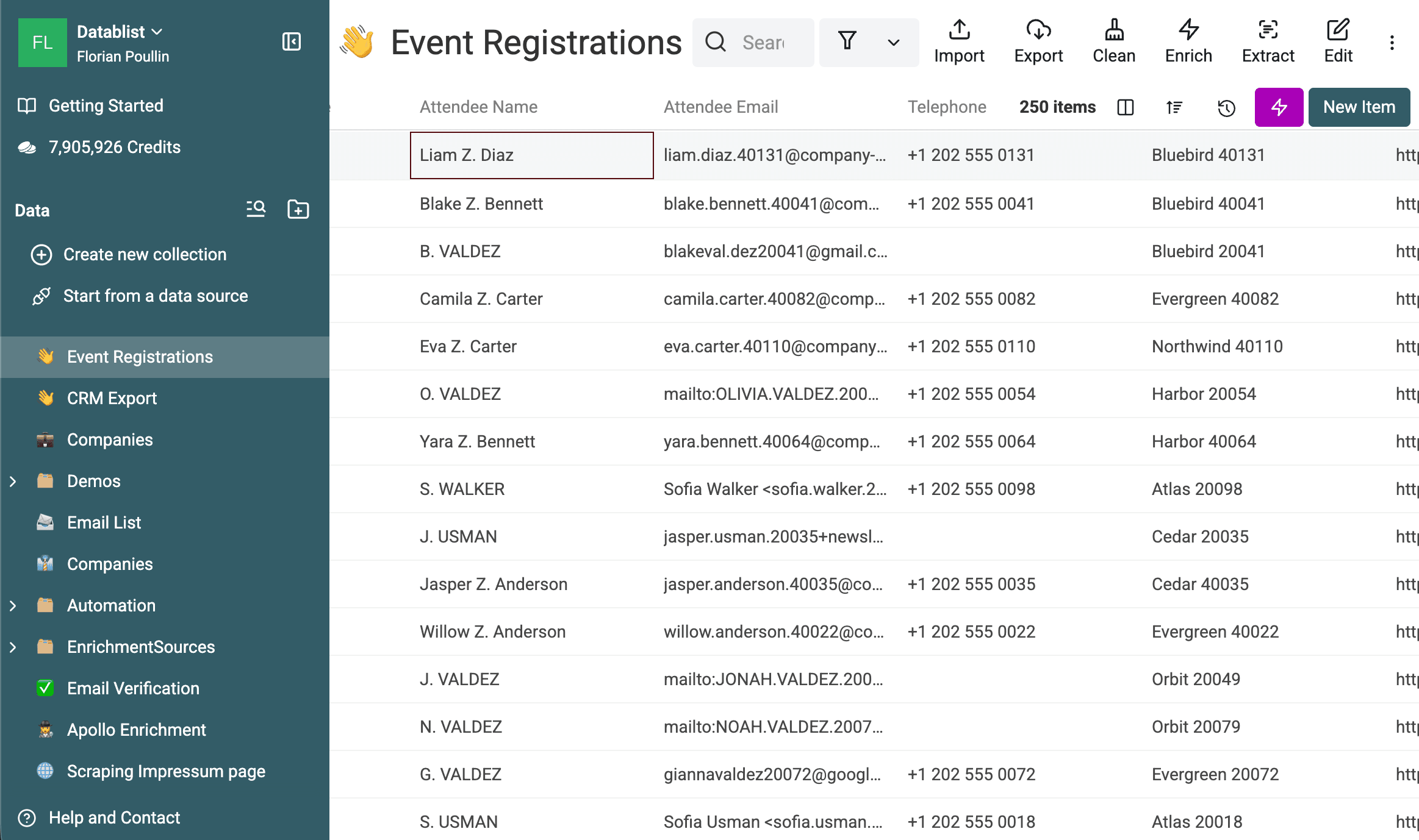 250件の新規連絡先を含む「Event Registrations」コレクション