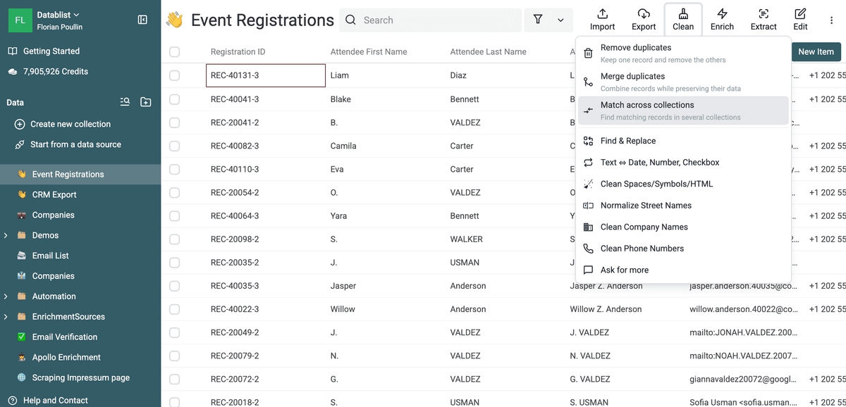 The Clean menu with Match across collections selected