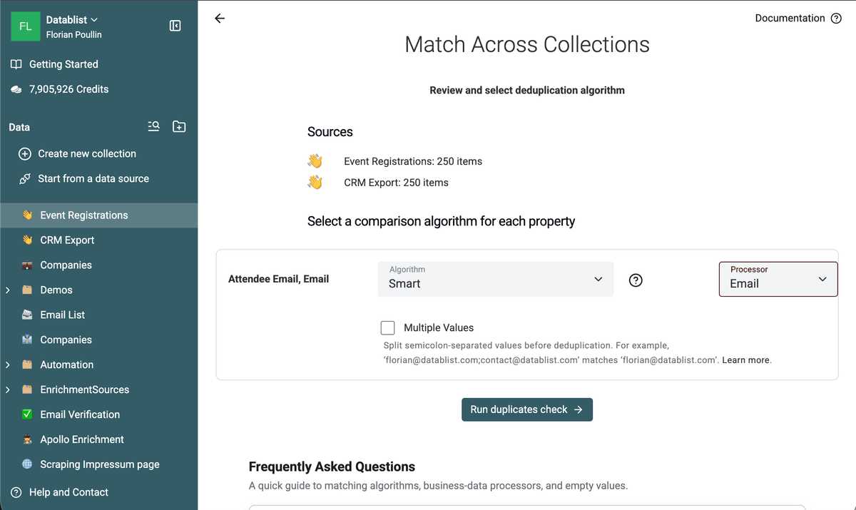 Smart matching and the Email processor configured across both collections