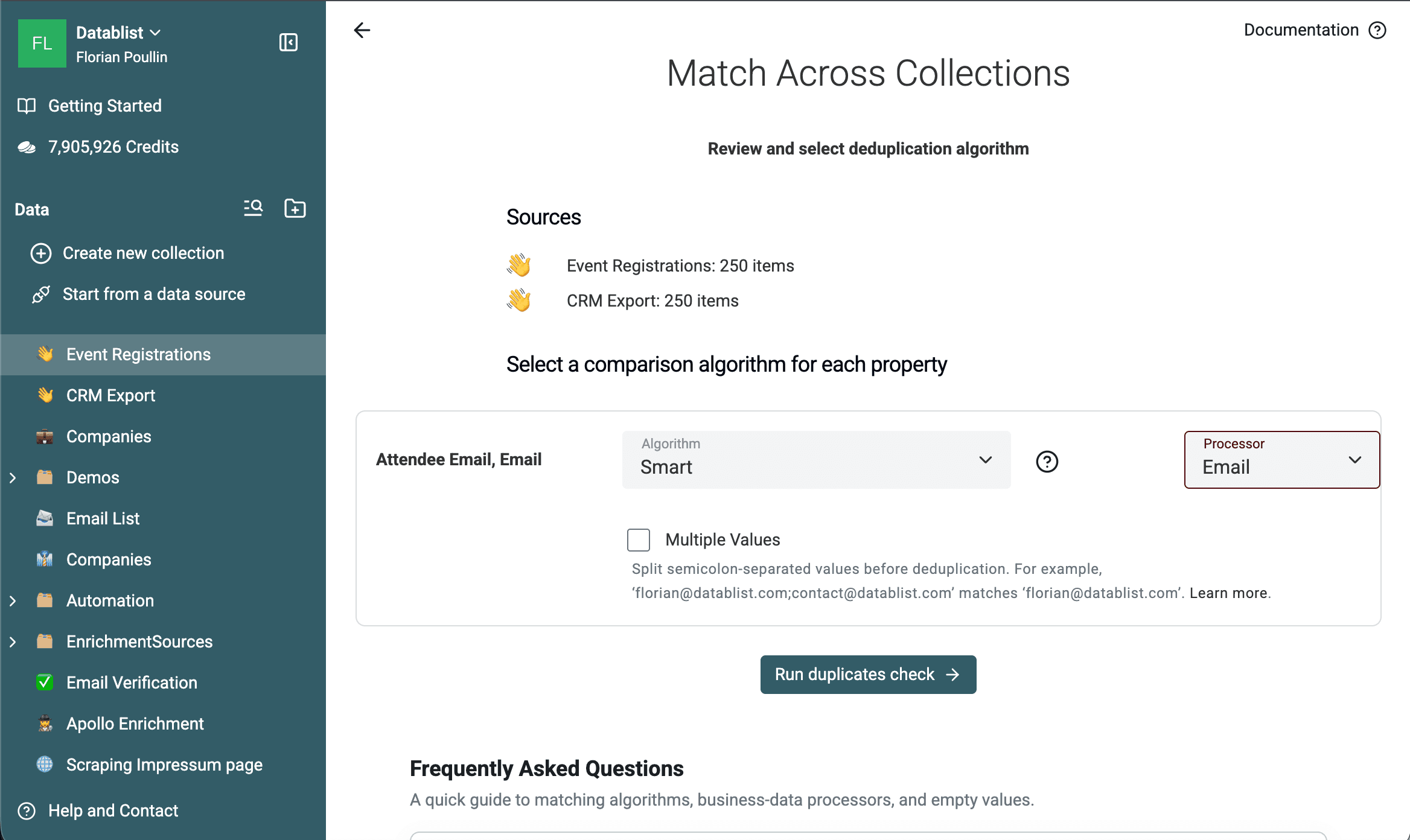 両コレクションにSmart matchingとEmailプロセッサーを設定した画面
