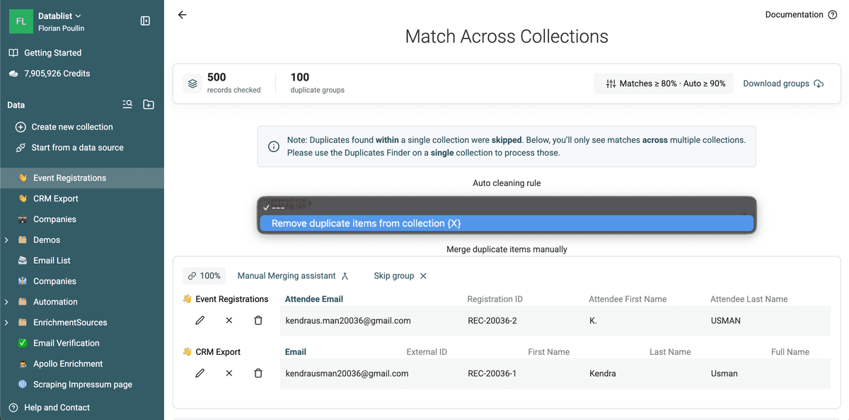 Cross-collection results showing 500 checked records and 100 duplicate groups