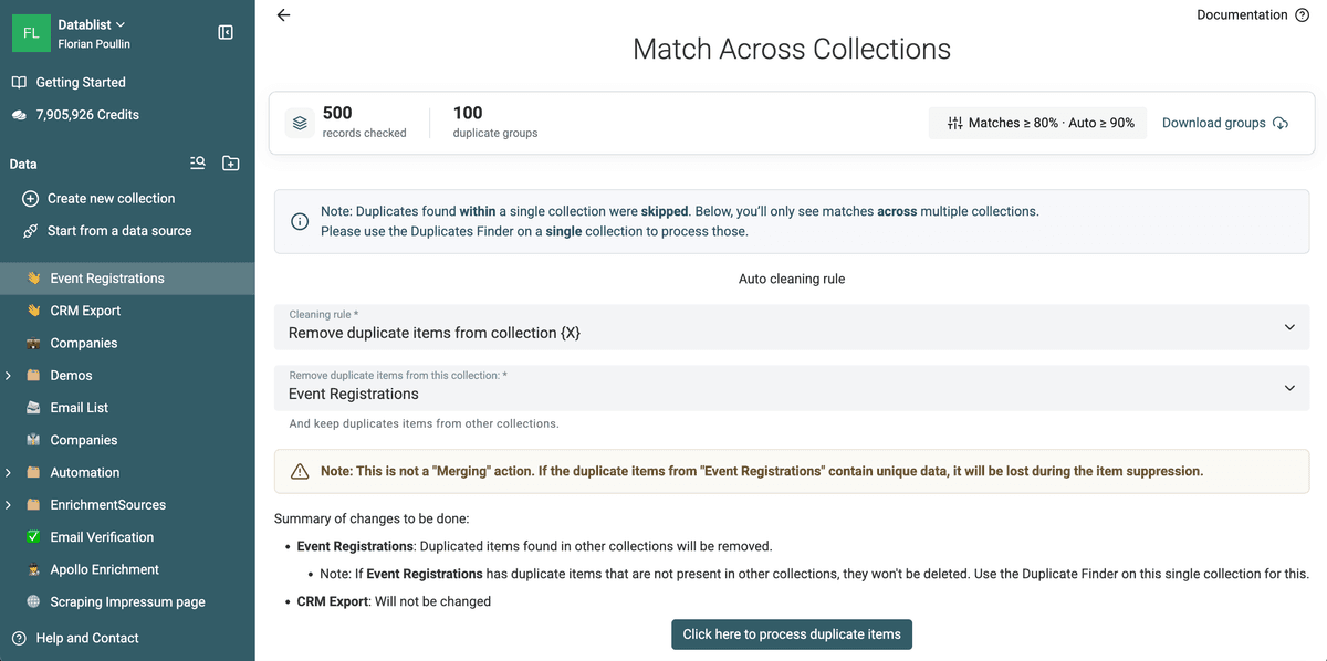 Cross-collection cleaning configured to remove matched Event Registrations