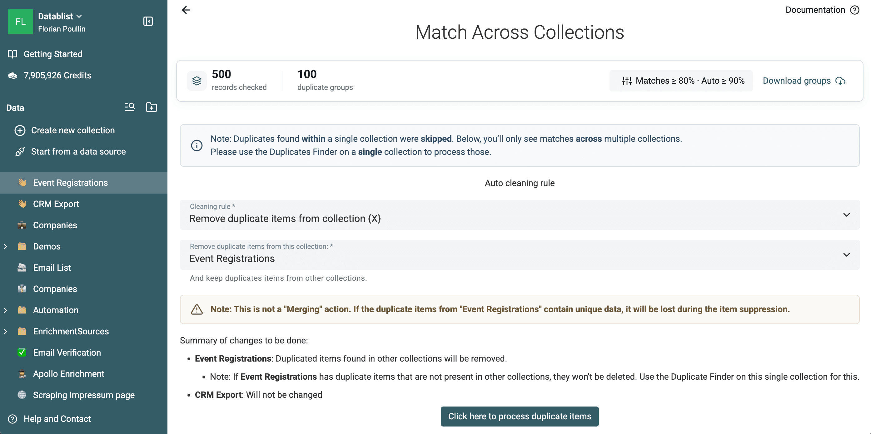 一致したEvent Registrationsを削除するcollection間クリーンアップの設定