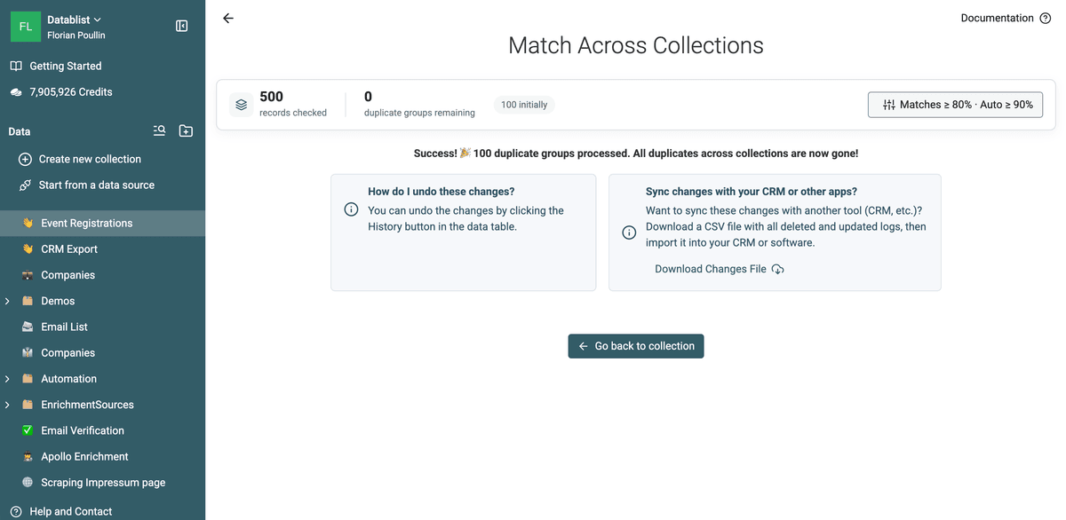 Successful processing of 100 cross-collection duplicate groups