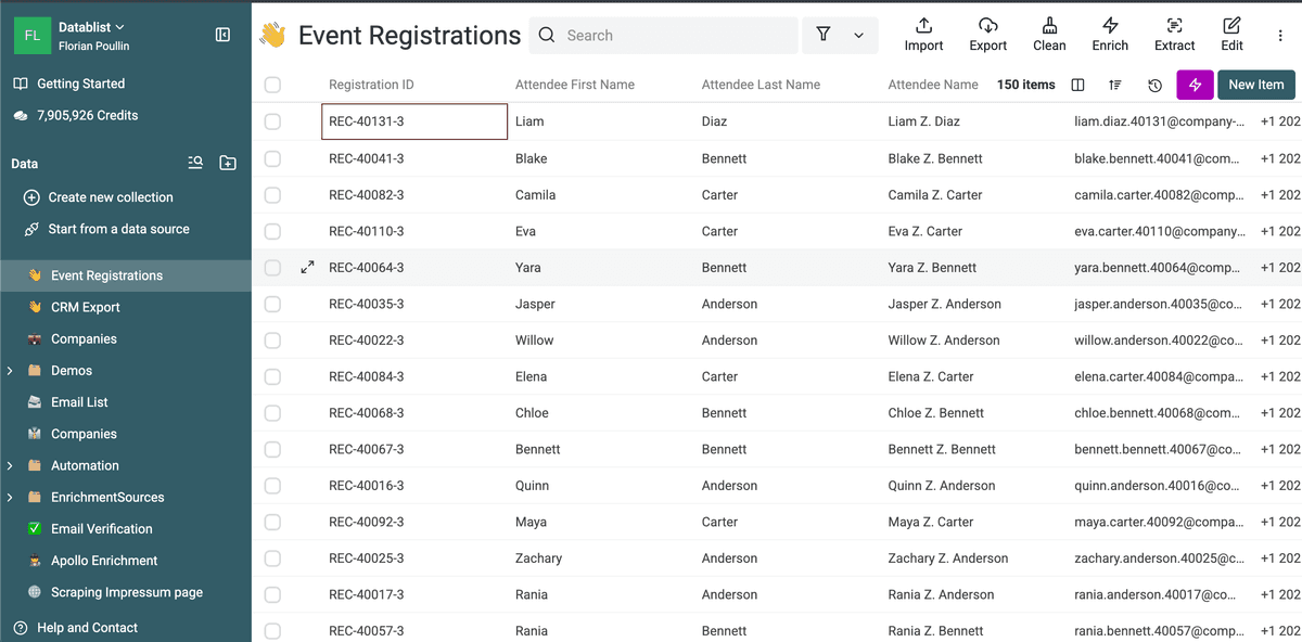 The cleaned Event Registrations collection with 150 remaining items