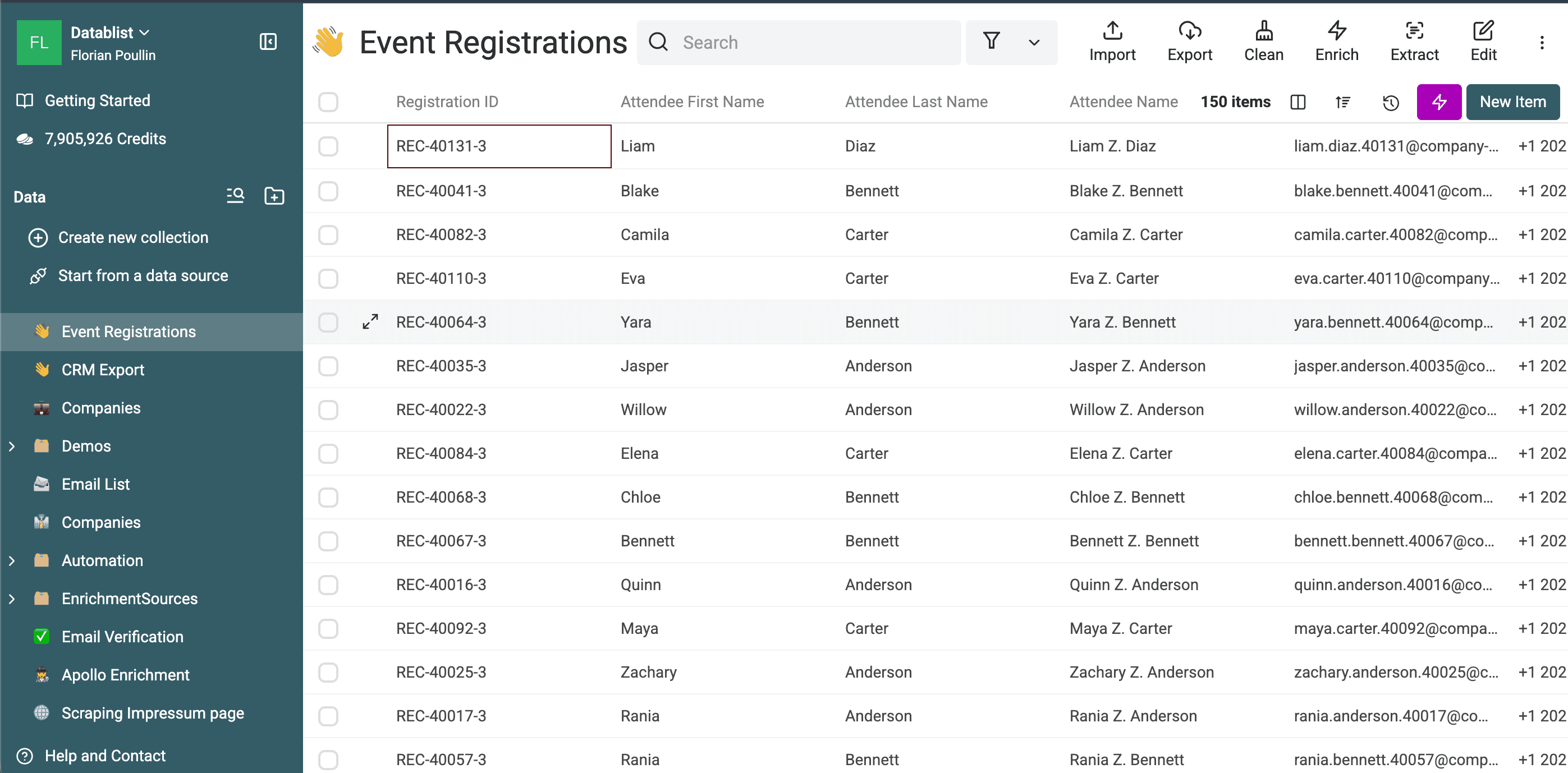 新規の150件が残ったクリーンアップ済みEvent Registrations collection