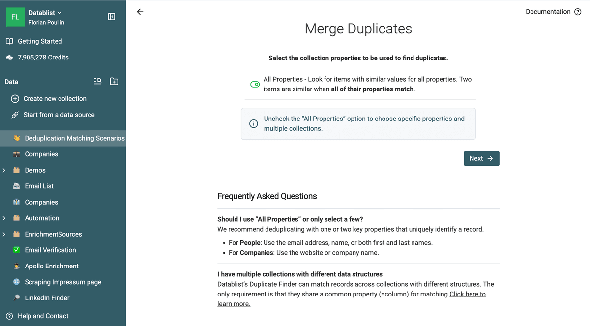 All Properties selected to find complete duplicate rows with Exact matching
