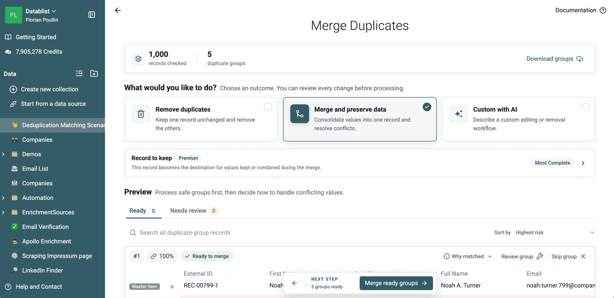 Exact matching results with 1,000 records checked and five duplicate groups