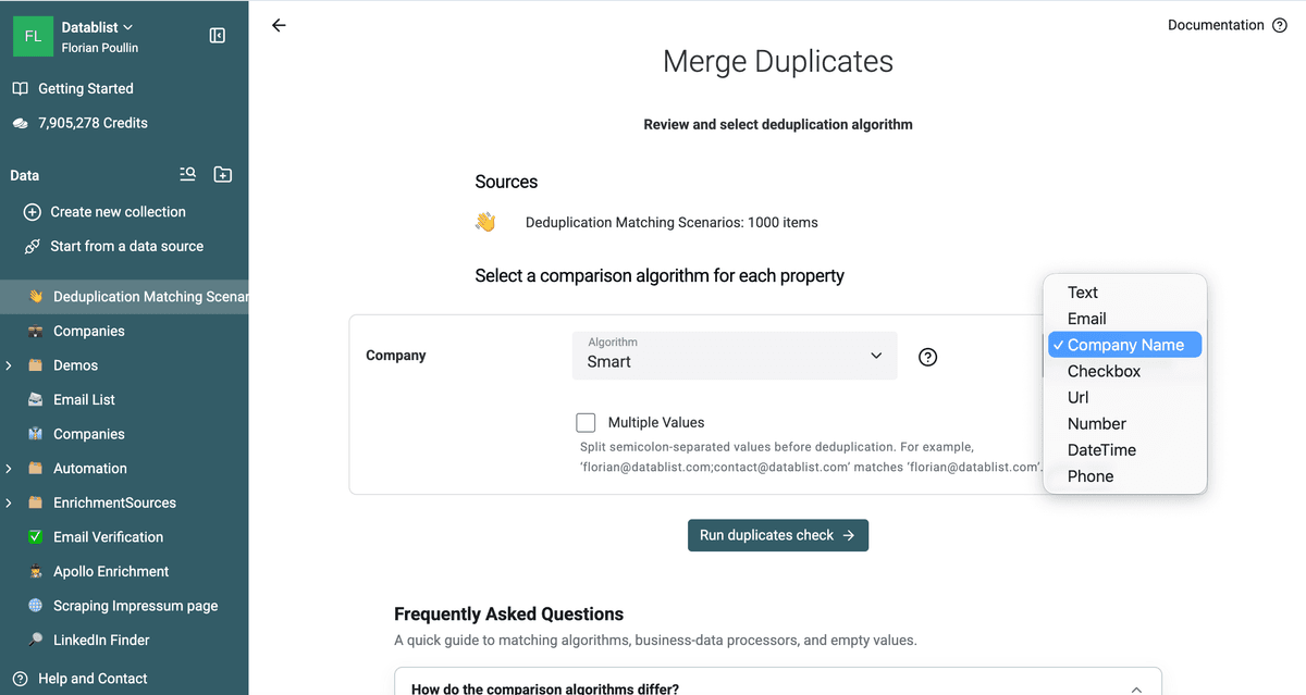 Smart matching configured with the Company Name processor